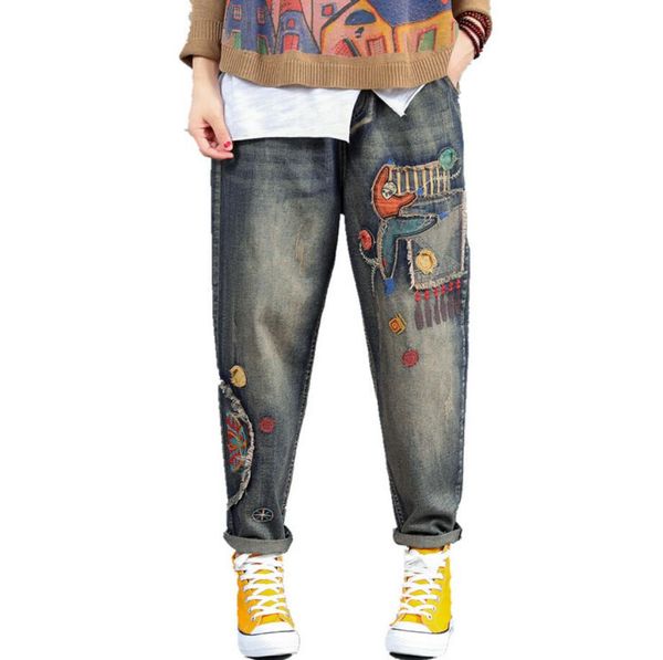 original design women loose vintage denim boyfriend jeans elastic high waist cartoon embroidery harem pants trousers r2273, Blue
original design women loose vintage denim boyfriend jeans elastic high waist cartoon embroidery harem pants trousers r2273, Blue