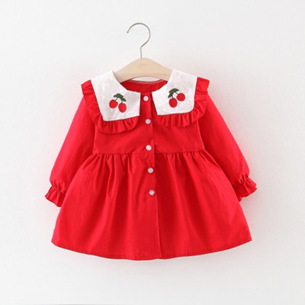 female baby 2019 new girls lapel embroidered embroidery cherry skirt long-sleeved dress cute small fresh, Red;yellow 
female baby 2019 new girls lapel embroidered embroidery cherry skirt long-sleeved dress cute small fresh, Red;yellow