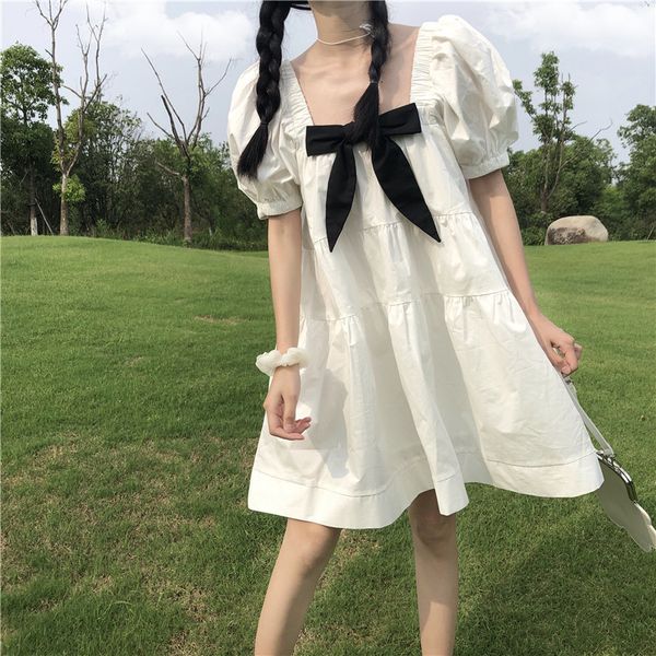 sweet kawaii black tie women dress soft girly white dress 2020 summer fashion bow square collar puff sleeve femme vestidos, White;black
sweet kawaii black tie women dress soft girly white dress 2020 summer fashion bow square collar puff sleeve femme vestidos, White;black