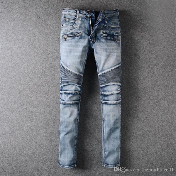 

balmain wholesale men's distressed ripped biker jeans slim fit motorcycle biker denim for men brand designer hip hop mens jeans, Blue