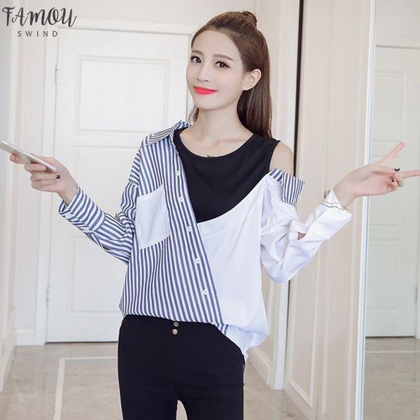 long sleeve strapless spliced women shirts buttons korean fashion lady asymmetry spring striped o neck womens long shirts, White
long sleeve strapless spliced women shirts buttons korean fashion lady asymmetry spring striped o neck womens long shirts, White
