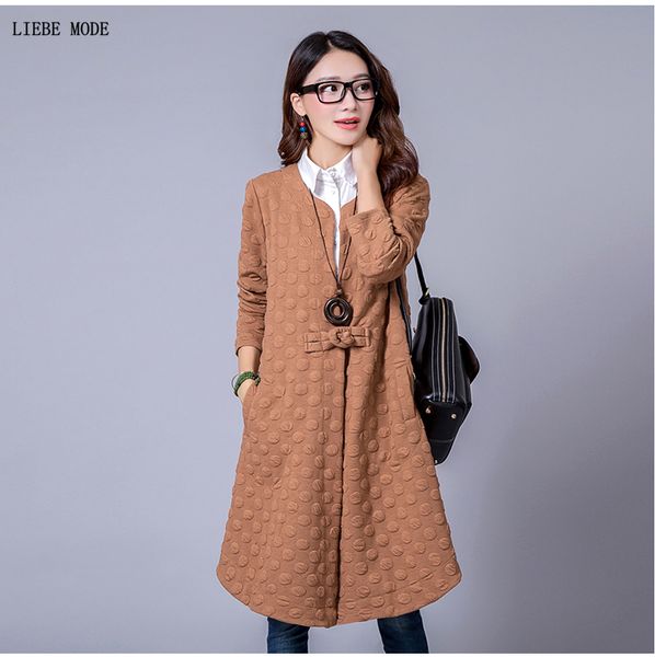 

womens autumn winter o-neck thick trench coat for women chinese button long trench coats female fashion polka dot outerwear fall, Tan;black