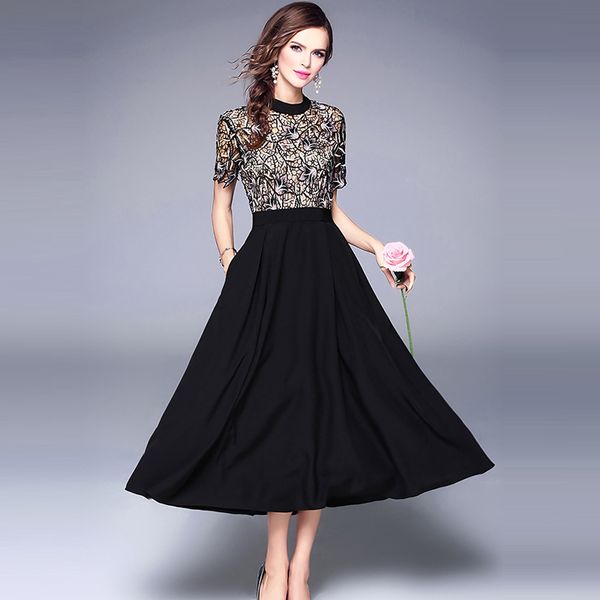 dress women black short sleeve lace embroidery party dresses 2018 high end elegant slim waist mid-calf patchwork long dress, Black;gray
dress women black short sleeve lace embroidery party dresses 2018 high end elegant slim waist mid-calf patchwork long dress, Black;gray