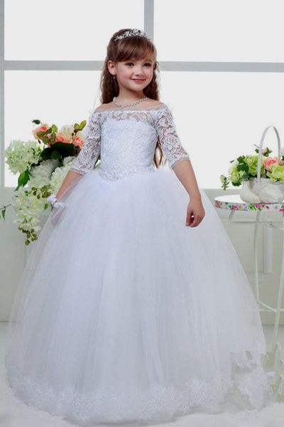 2019 lovely ball gown girls holy communion gowns lace bodice off shoulder half sleeves beaded applique holy communion dresses, White
2019 lovely ball gown girls holy communion gowns lace bodice off shoulder half sleeves beaded applique holy communion dresses, White