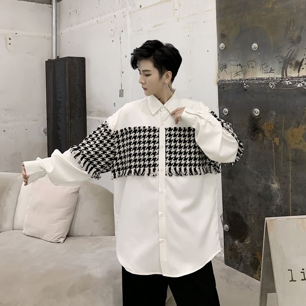 men shirt vintage fashion plaid splice loose casual long sleeve shirt male streetwear hip hop party dress coat, White;black
men shirt vintage fashion plaid splice loose casual long sleeve shirt male streetwear hip hop party dress coat, White;black