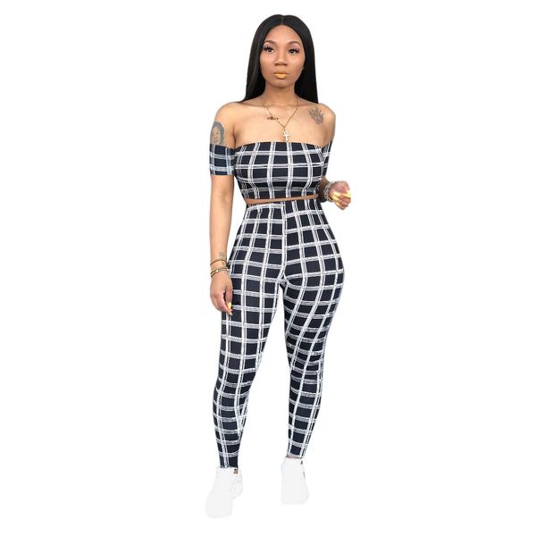 women's two piece pants outfits bodycon short sleeve strapless plaid crop and long pants sets, White