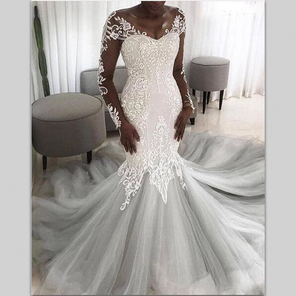 african mermaid wedding dresses deep v neck appliques tulle and lace illusion long sleeves wedding dress sweep train plus size bridal dress, White
african mermaid wedding dresses deep v neck appliques tulle and lace illusion long sleeves wedding dress sweep train plus size bridal dress, White