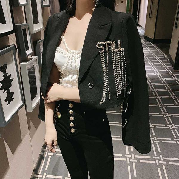 european heavy water drill letter tassel brooch black suit jacket slim short blazer jacket women 2020 spring coats, White;black
european heavy water drill letter tassel brooch black suit jacket slim short blazer jacket women 2020 spring coats, White;black