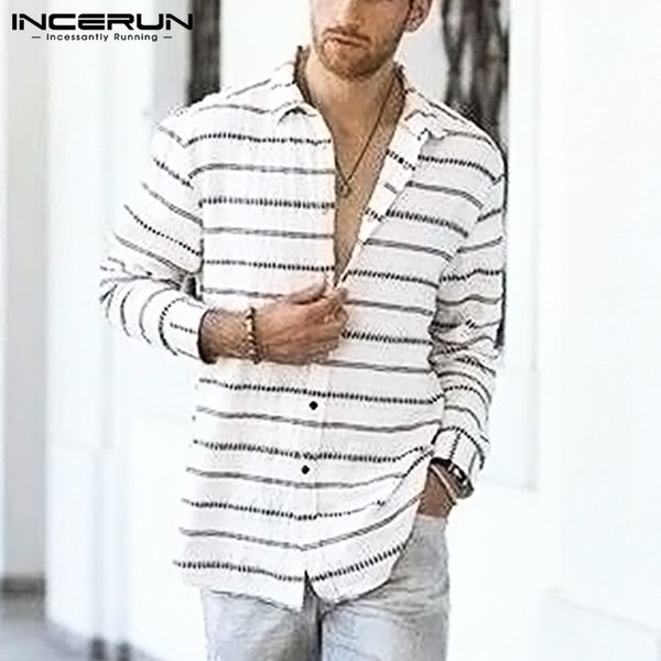 

incerun korean style men shirt striped lapel neck long sleeve breathable handsome camisa fashion casual mens shirts 2019 s-5xl, White;black