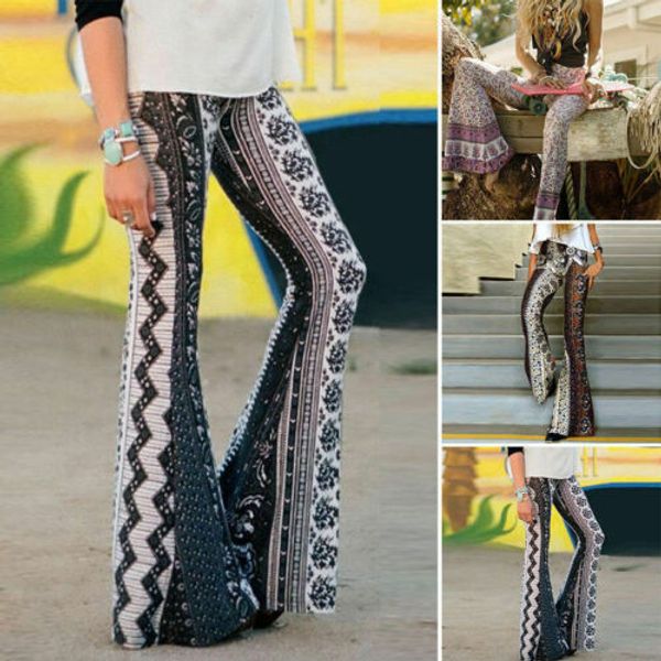 

women boho hippie high waist long pants fashion floral print wide leg long flared bell legging pant summer streetwear trouser, Black;white