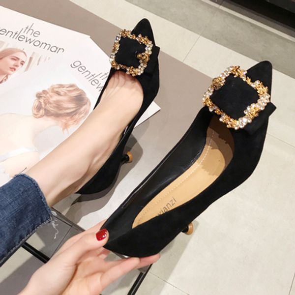 temperament high heels 2020 spring new pointed banquet shoes suede square buckle rhinestone stiletto single shoes, Black
temperament high heels 2020 spring new pointed banquet shoes suede square buckle rhinestone stiletto single shoes, Black