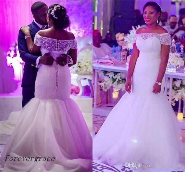 2019 vintage new african mermaid wedding dress off shoulders with short sleeves garden summer formal bridal gown plus size custom made, White
2019 vintage new african mermaid wedding dress off shoulders with short sleeves garden summer formal bridal gown plus size custom made, White