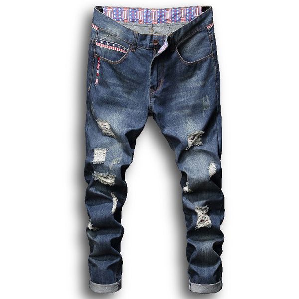 men's jeans skinny men streetwear destroyed ripped homme hip hop broken pencil pants, Blue
men's jeans skinny men streetwear destroyed ripped homme hip hop broken pencil pants, Blue