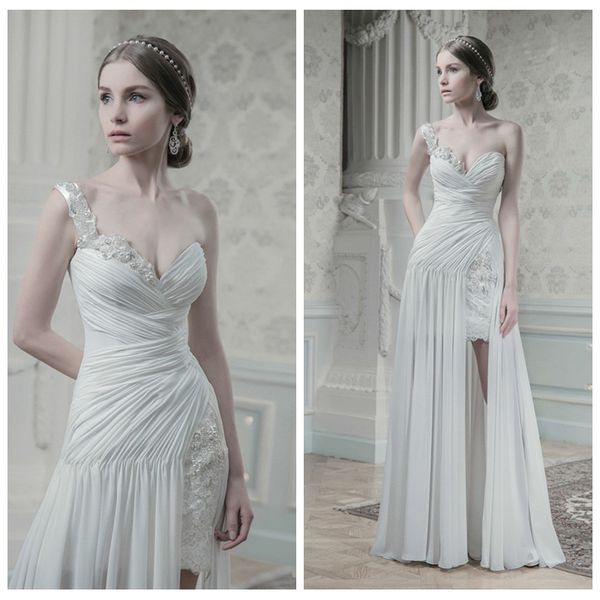 2019 one shoulder lace appliques slim sheath wedding dresses pleated split spring chiffon long bridal gowns beaded pearls vestidos de mariee, White
2019 one shoulder lace appliques slim sheath wedding dresses pleated split spring chiffon long bridal gowns beaded pearls vestidos de mariee, White