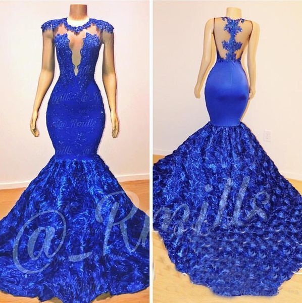 

Royal Blue Mermaid Prom Dresses 2019 Rose Flowers Long Chapel Train Sheer Neck Applies Beads 2K18 African Pageant Party Dress Evening Gowns
