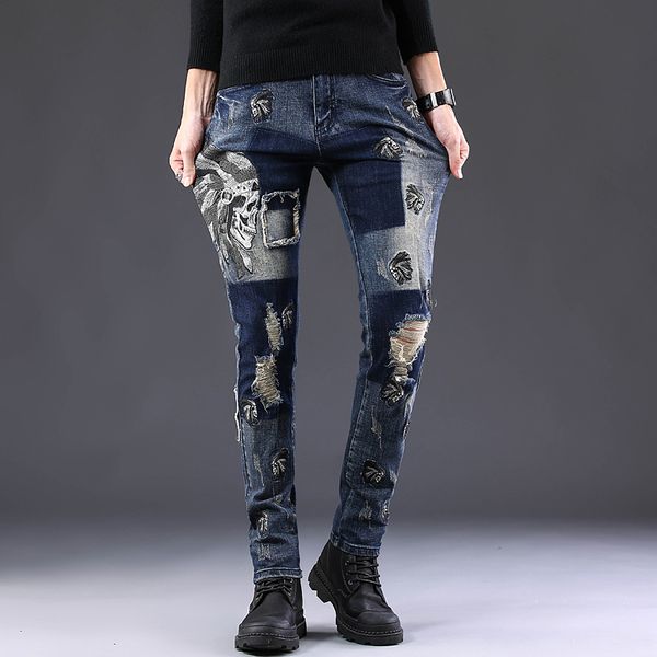 high street fashion men jeans retro blue slim fit elastic ripped jeans skull embroidery hip hop men biker pants
high street fashion men jeans retro blue slim fit elastic ripped jeans skull embroidery hip hop men biker pants