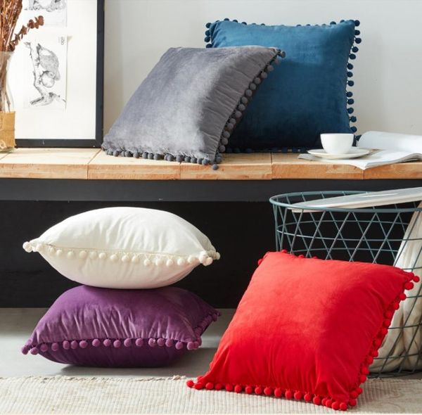 soft velvet pillowcases solid cushion cover square decorative pillows with balls for sofa bed car home throw pillow decoration