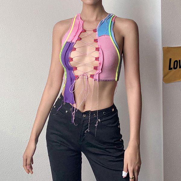 20ss fashion womens contrasting strap hollow short slim vest women camis quality women clothing size s-l, White
20ss fashion womens contrasting strap hollow short slim vest women camis quality women clothing size s-l, White
