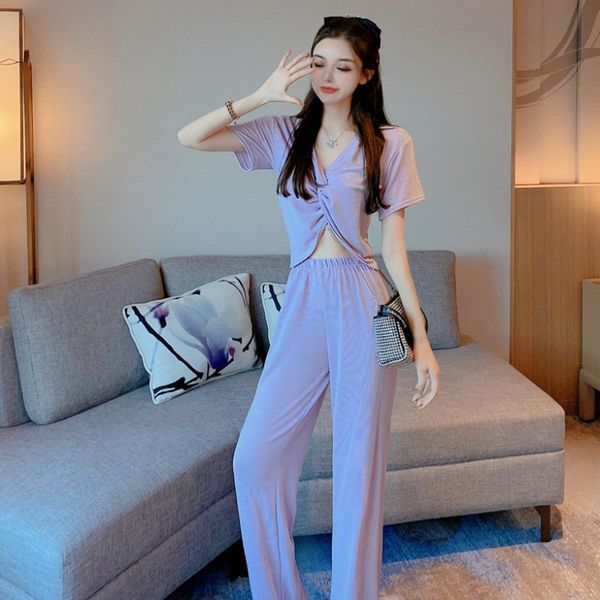 two-piece western style ageing suit women v-neck cross navel short shirt casual all-match high waist wide leg trousers, Black;white 
two-piece western style ageing suit women v-neck cross navel short shirt casual all-match high waist wide leg trousers, Black;white
