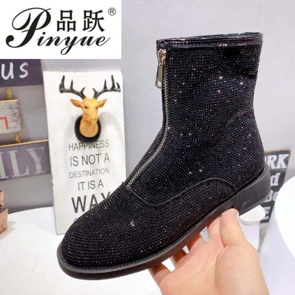 round toe front zipper crystal casual personality leather velvet women short boots water drill front zipper boots, Black
round toe front zipper crystal casual personality leather velvet women short boots water drill front zipper boots, Black