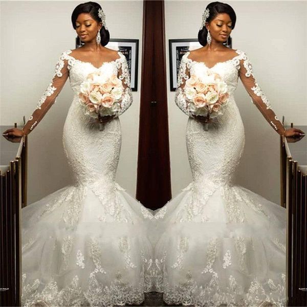 long sleeves mermaid wedding dresses lace applique sheer neck illusion custom made plus size african country wedding gown vestido de novia, White
long sleeves mermaid wedding dresses lace applique sheer neck illusion custom made plus size african country wedding gown vestido de novia, White