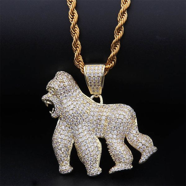 

Золото / Серебро Животное Горилла Кинг-Конг Ожерелье Кулон С 4 мм Цепи Веревки Iced Ou