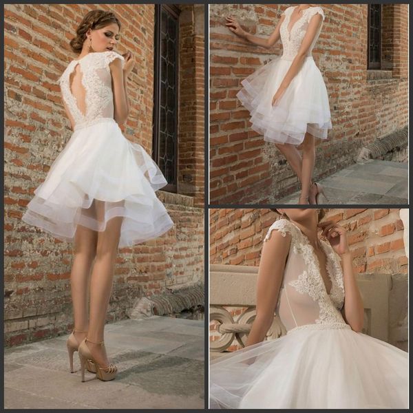2019 new stylish lace appliqued backless wedding dresses with cap sleeves a-line deep v-neck knee length tulle tiered short bridal gowns, White
2019 new stylish lace appliqued backless wedding dresses with cap sleeves a-line deep v-neck knee length tulle tiered short bridal gowns, White