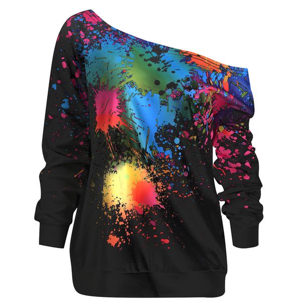 

new design fashion women skew neck long sleeve paint splatter print sweatshirt blouse new year gift, Black