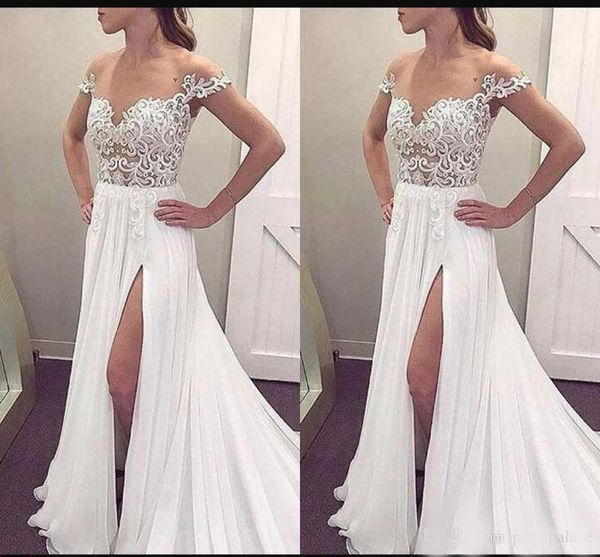 new split prom dresses off the shoulder lace chiffon sweep train white simple evening party dresses, Black
new split prom dresses off the shoulder lace chiffon sweep train white simple evening party dresses, Black