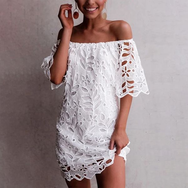 european and american cross-border word shoulder dress female summer 2020wish new lace embroidery hollow dress, White;black
european and american cross-border word shoulder dress female summer 2020wish new lace embroidery hollow dress, White;black