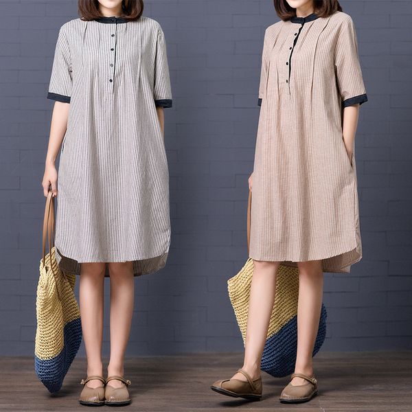 2019 easy will code leisure time cotton stripe long fund shirt skirt woman, Gray