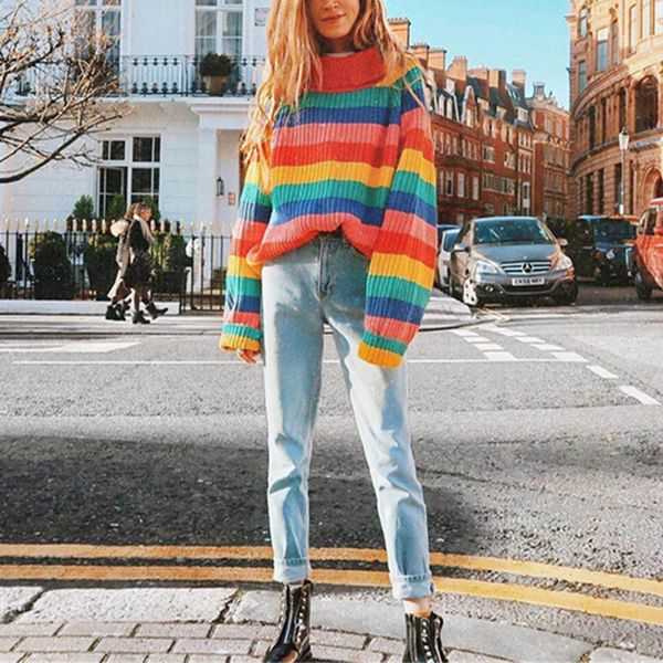 2019 europe and america autumn and winter turtleneck rainbow striped sweater women's loose sweater #e, White;black
2019 europe and america autumn and winter turtleneck rainbow striped sweater women's loose sweater #e, White;black