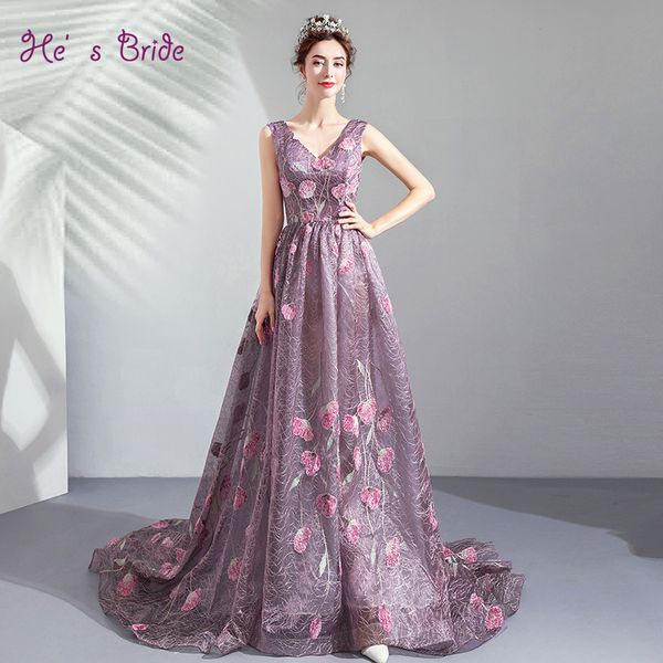 he's bride new purple flowers pattern deep v-neck a-line slim long sweep train formal gown illusion 2019 evening dress, White;black
he's bride new purple flowers pattern deep v-neck a-line slim long sweep train formal gown illusion 2019 evening dress, White;black