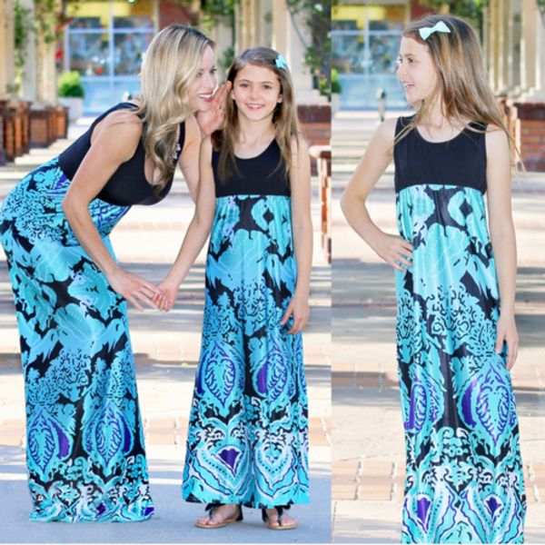 Summer Mother Daughter Matching Clothes Floral Parent Maxi Long Dress Outfits Sleeveless O Neck Printed Patchwork Dresses 2019