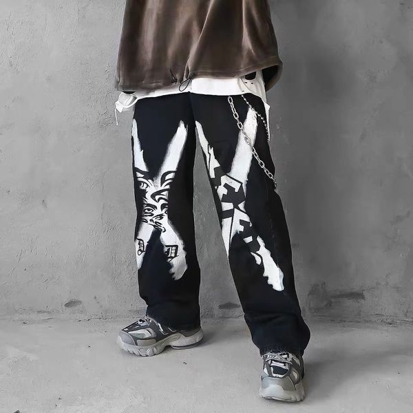 ins designer brand european and american hip-hop graffiti painted high street tide brand wide leg trousers straight jeans loose retro casual, Blue
ins designer brand european and american hip-hop graffiti painted high street tide brand wide leg trousers straight jeans loose retro casual, Blue