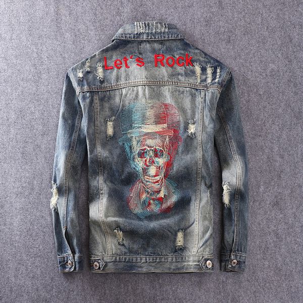 fashion streetwear men jacket skull embroidery designer punk style ripped denim jacket men coat rock hip hop jean hombre, Black;brown
fashion streetwear men jacket skull embroidery designer punk style ripped denim jacket men coat rock hip hop jean hombre, Black;brown