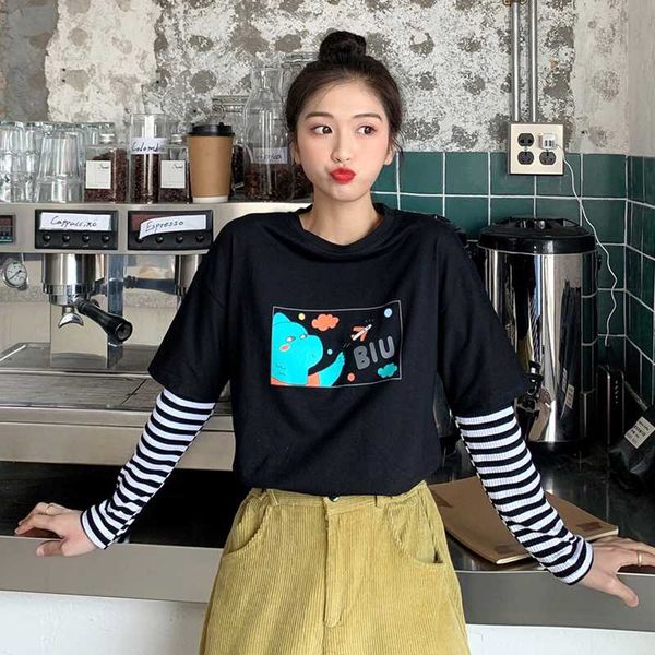 2020 spring new korean version of the splicing fake two-piece loose striped long-sleeved cartoon printing bottoming t-shirt wome, White
2020 spring new korean version of the splicing fake two-piece loose striped long-sleeved cartoon printing bottoming t-shirt wome, White