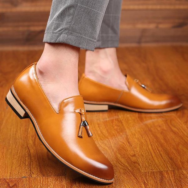 men slip on dress office wedding shoes men pointed toe dress leather shoes luxury italian style formal party shoes, Black