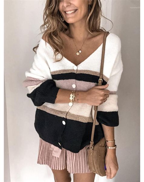 women sweaters v neck contrast color cardigan womens long sleeve casual womens apparel striped printed designer, White;black
women sweaters v neck contrast color cardigan womens long sleeve casual womens apparel striped printed designer, White;black
