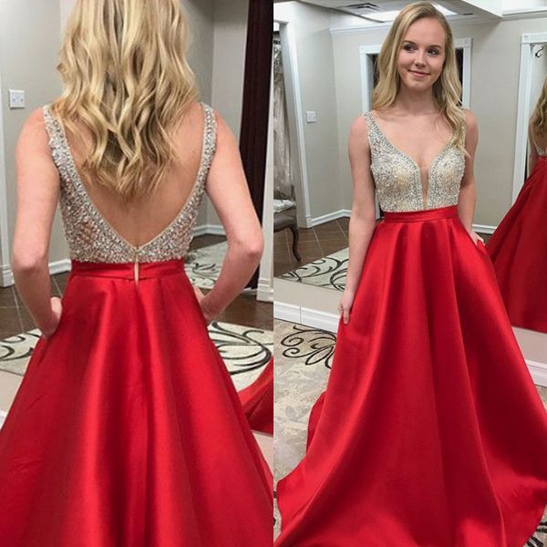 2019 a line red crystal beaded prom dresses backless evening gowns long formal party dresses, Black
2019 a line red crystal beaded prom dresses backless evening gowns long formal party dresses, Black