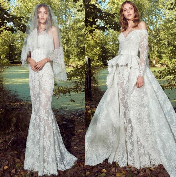 two pieces zuhair murad lace wedding dresses long sleeves off the shoulder beaded bridal gowns overskirt plus size vestido de novia, White
two pieces zuhair murad lace wedding dresses long sleeves off the shoulder beaded bridal gowns overskirt plus size vestido de novia, White