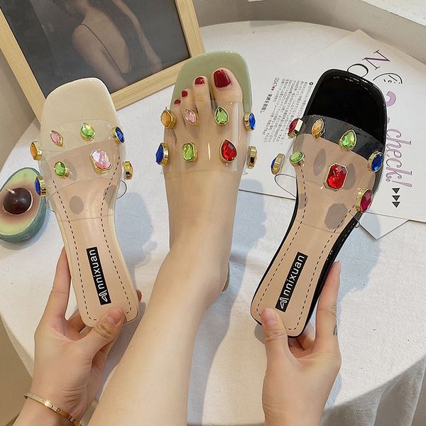 slippers female summer 2021 rhinestone transparent sandals and with thick square head, Black
slippers female summer 2021 rhinestone transparent sandals and with thick square head, Black