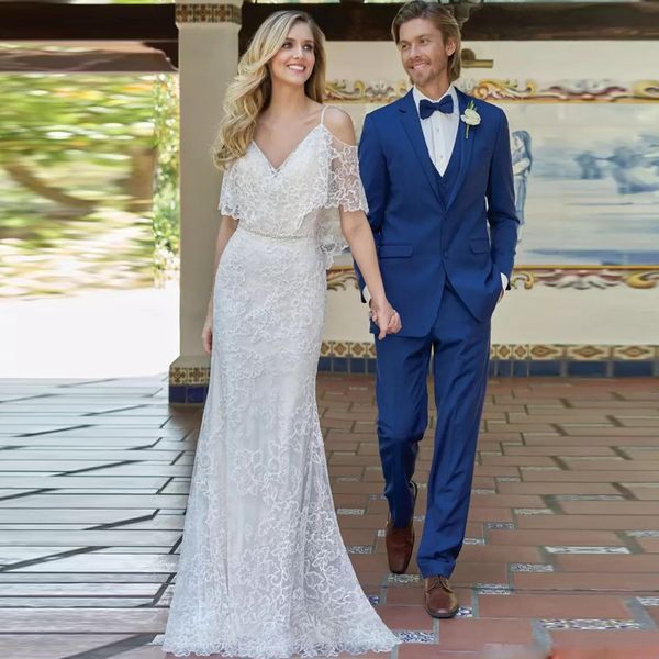 design full lace wedding dresses spaghetti straps off shoulder beads charming wedding dress with sash mermaid bridal gowns, White
design full lace wedding dresses spaghetti straps off shoulder beads charming wedding dress with sash mermaid bridal gowns, White