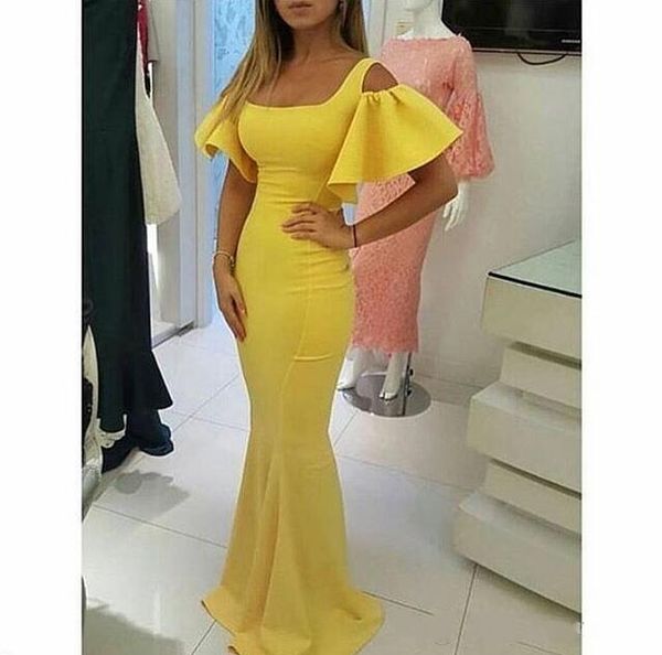 Mermaid Prom Dress Designer Prom Dresses Vestidos De Formature Yellow Square Neckline Short Puffy Sleeve Mermaid Evening Gowns 
Mermaid Prom Dress Designer Prom Dresses Vestidos De Formature Yellow Square Neckline Short Puffy Sleeve Mermaid Evening Gowns