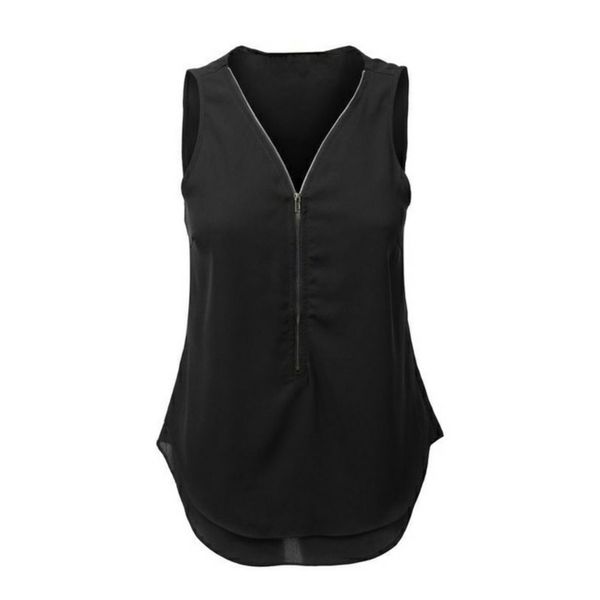 women's solid color sleeveless shirt v collar zipper casual, White 
women's solid color sleeveless shirt v collar zipper casual, White