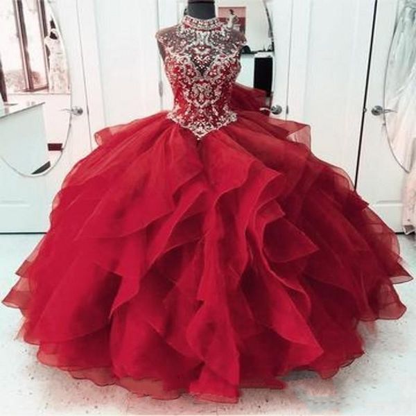 2020 bling royal blue quinceanera ball gown dresses high neck beaded crystal sweet 16 tiered tulle puffy plus size party prom evening gowns, Blue;red
2020 bling royal blue quinceanera ball gown dresses high neck beaded crystal sweet 16 tiered tulle puffy plus size party prom evening gowns, Blue;red