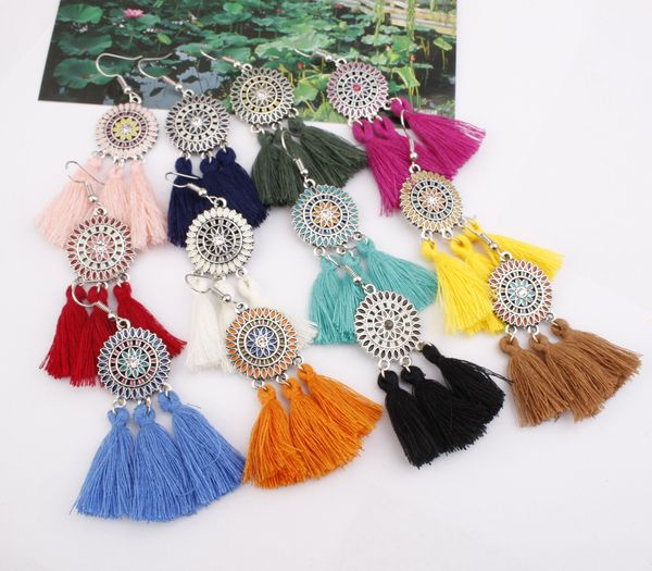 12 color bohemian tassel earrings ladies exaggerated big circle earrings retro ethnic style sun flower fan-shaped alloy long earrings, Silver
12 color bohemian tassel earrings ladies exaggerated big circle earrings retro ethnic style sun flower fan-shaped alloy long earrings, Silver