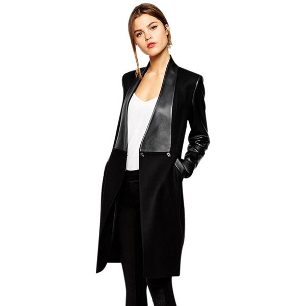 long sleeve slim woolen coat women lapel splicing patchwork leather jacket long wild coat, Black;brown
long sleeve slim woolen coat women lapel splicing patchwork leather jacket long wild coat, Black;brown