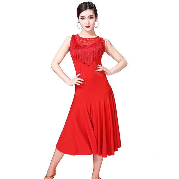 

women lace perspective short-sleeved dancewear shirt + fringed latin dance skirt performance exercise clothes two-piece, Black;red