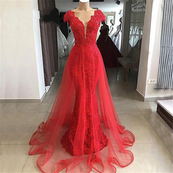 capped deep v neck red mermaid wedding dresses lace appliques bridal gown with tulle train robe de mariee, White
capped deep v neck red mermaid wedding dresses lace appliques bridal gown with tulle train robe de mariee, White